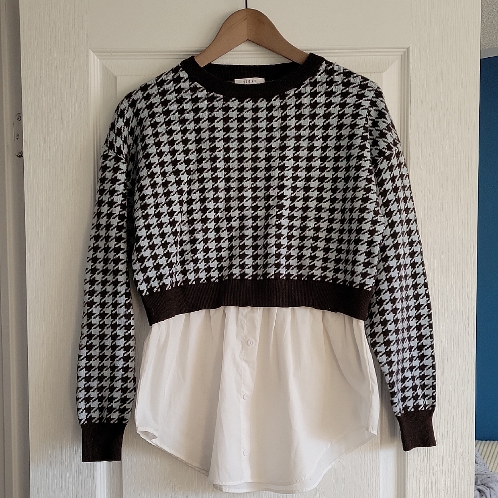 Sioni Brown and Teal Knit Cropped Pullover w Attached Button Down Blouse Bottom